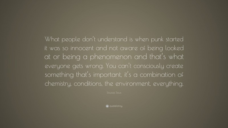 Siouxsie Sioux Quote: “What people don’t understand is when punk started it was so innocent and not aware of being looked at or being a phenomenon and that’s what everyone gets wrong. You can’t consciously create something that’s important, it’s a combination of chemistry, conditions, the environment, everything.”