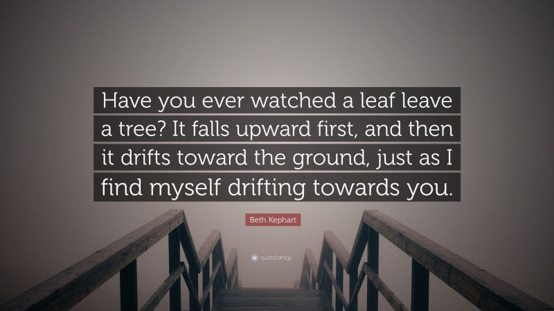 Beth Kephart Quote: “Have you ever watched a leaf leave a tree? It falls upward first, and then it drifts toward the ground, just as I find myself drifting towards you.”