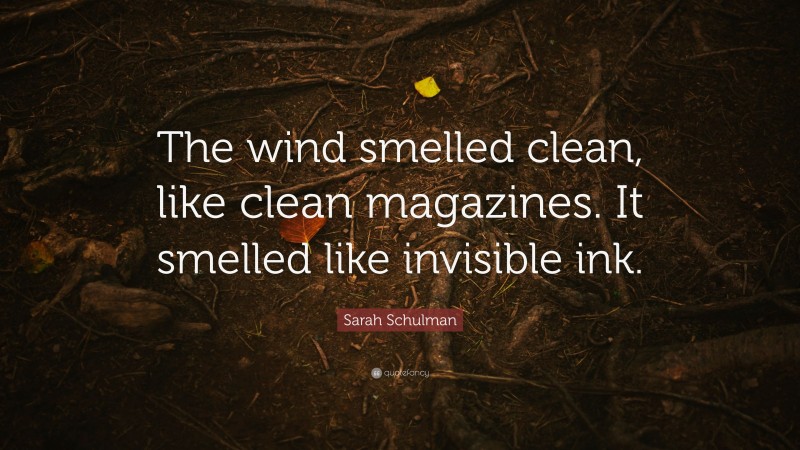 Sarah Schulman Quote: “The wind smelled clean, like clean magazines. It smelled like invisible ink.”