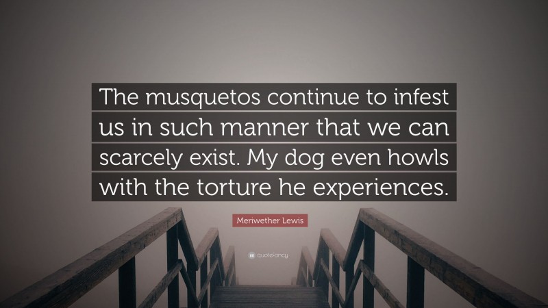Meriwether Lewis Quote: “The musquetos continue to infest us in such manner that we can scarcely exist. My dog even howls with the torture he experiences.”