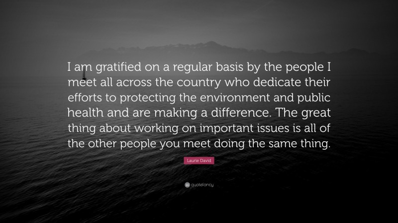 Laurie David Quote: “I am gratified on a regular basis by the people I meet all across the country who dedicate their efforts to protecting the environment and public health and are making a difference. The great thing about working on important issues is all of the other people you meet doing the same thing.”