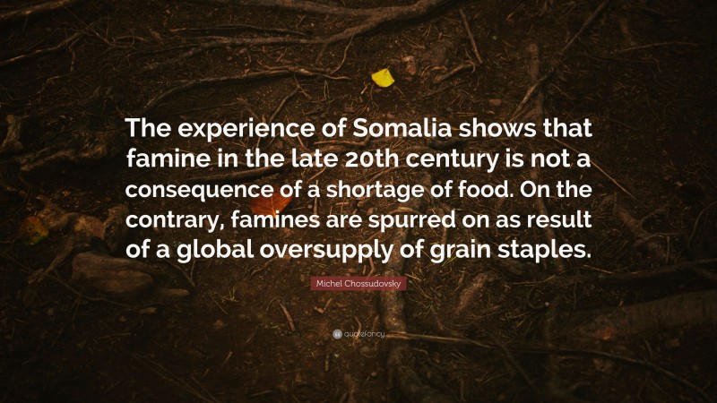 Michel Chossudovsky Quote: “The experience of Somalia shows that famine in the late 20th century is not a consequence of a shortage of food. On the contrary, famines are spurred on as result of a global oversupply of grain staples.”