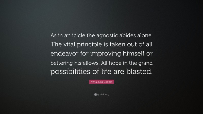 Anna Julia Cooper Quote: “As in an icicle the agnostic abides alone. The vital principle is taken out of all endeavor for improving himself or bettering hisfellows. All hope in the grand possibilities of life are blasted.”