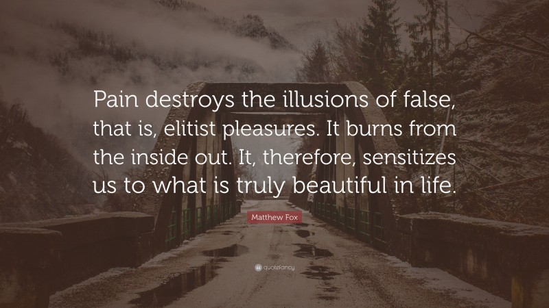 Matthew Fox Quote: “Pain destroys the illusions of false, that is, elitist pleasures. It burns from the inside out. It, therefore, sensitizes us to what is truly beautiful in life.”
