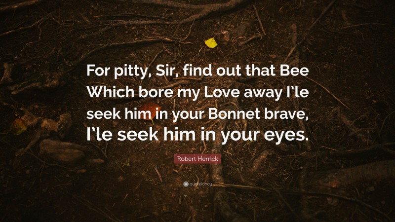 Robert Herrick Quote: “For pitty, Sir, find out that Bee Which bore my Love away I’le seek him in your Bonnet brave, I’le seek him in your eyes.”