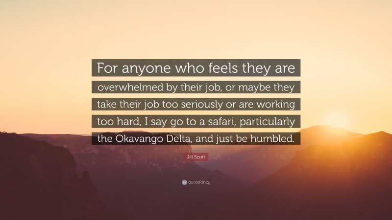 Jill Scott Quote: “For anyone who feels they are overwhelmed by their job, or maybe they take their job too seriously or are working too hard, I say go to a safari, particularly the Okavango Delta, and just be humbled.”
