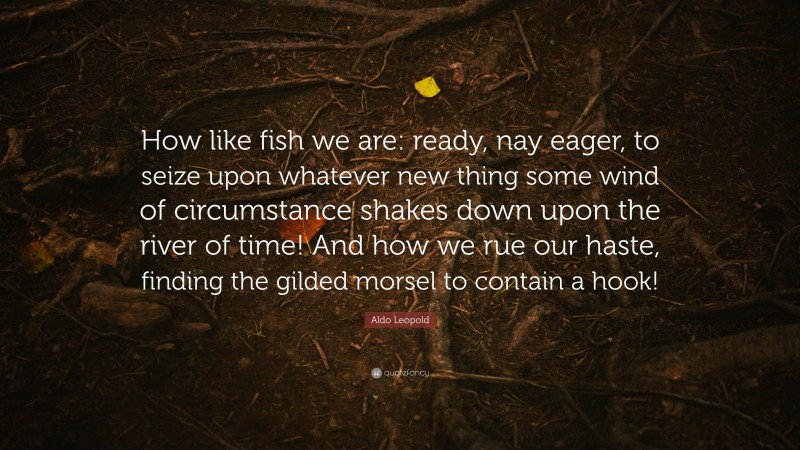 Aldo Leopold Quote: “How like fish we are: ready, nay eager, to seize upon whatever new thing some wind of circumstance shakes down upon the river of time! And how we rue our haste, finding the gilded morsel to contain a hook!”