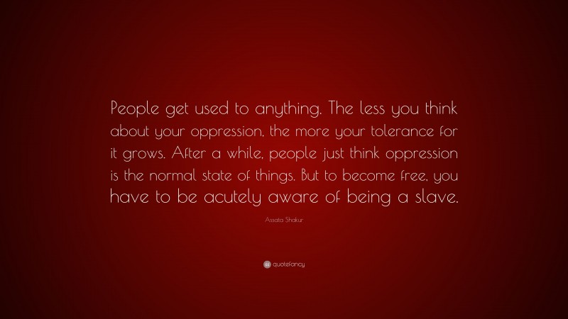 Assata Shakur Quote: “People get used to anything. The less you think about your oppression, the more your tolerance for it grows. After a while, people just think oppression is the normal state of things. But to become free, you have to be acutely aware of being a slave.”