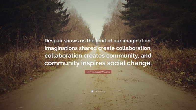 Terry Tempest Williams Quote: “Despair shows us the limit of our imagination. Imaginations shared create collaboration, collaboration creates community, and community inspires social change.”