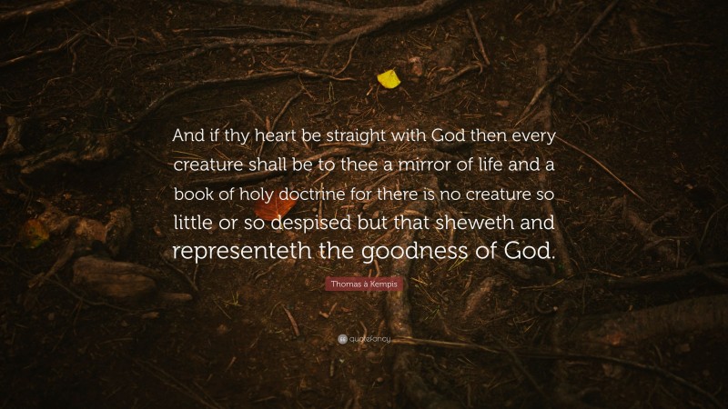 Thomas à Kempis Quote: “And if thy heart be straight with God then every creature shall be to thee a mirror of life and a book of holy doctrine for there is no creature so little or so despised but that sheweth and representeth the goodness of God.”