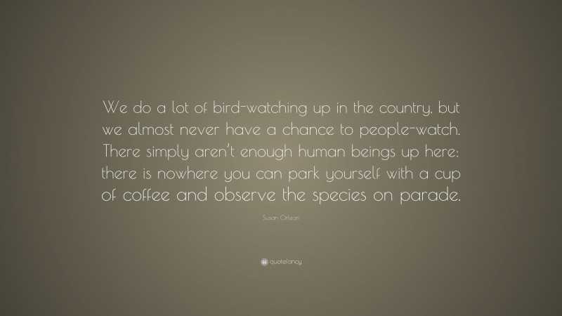 Susan Orlean Quote: “We do a lot of bird-watching up in the country, but we almost never have a chance to people-watch. There simply aren’t enough human beings up here: there is nowhere you can park yourself with a cup of coffee and observe the species on parade.”