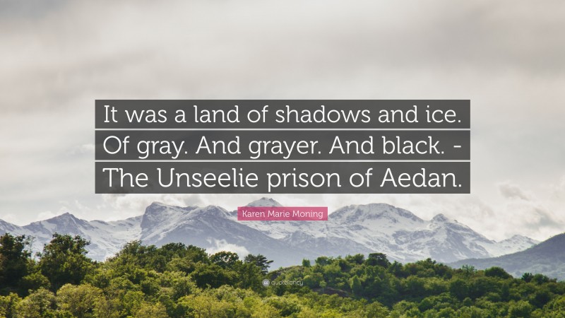 Karen Marie Moning Quote: “It was a land of shadows and ice. Of gray. And grayer. And black. -The Unseelie prison of Aedan.”