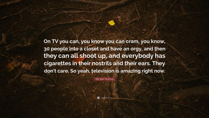 Billy Bob Thornton Quote: “On TV you can, you know you can cram, you know, 30 people into a closet and have an orgy, and then they can all shoot up, and everybody has cigarettes in their nostrils and their ears. They don’t care. So yeah, television is amazing right now.”