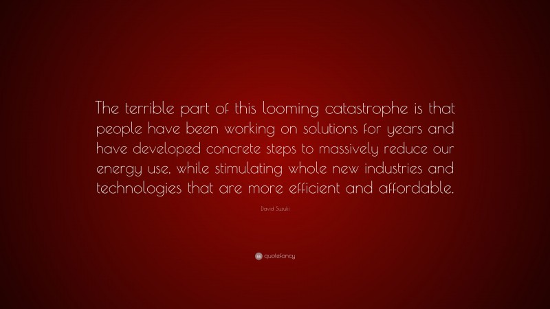 David Suzuki Quote: “The terrible part of this looming catastrophe is that people have been working on solutions for years and have developed concrete steps to massively reduce our energy use, while stimulating whole new industries and technologies that are more efficient and affordable.”