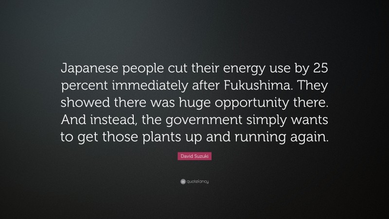 David Suzuki Quote: “Japanese people cut their energy use by 25 percent immediately after Fukushima. They showed there was huge opportunity there. And instead, the government simply wants to get those plants up and running again.”