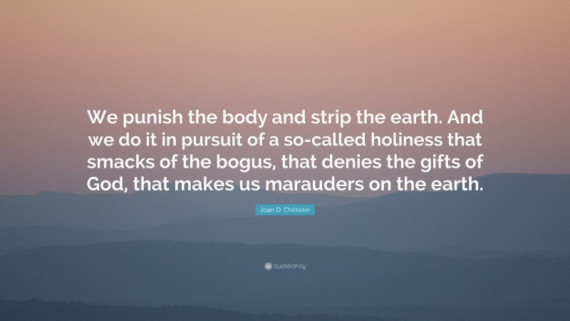 Joan D. Chittister Quote: “We punish the body and strip the earth. And we do it in pursuit of a so-called holiness that smacks of the bogus, that denies the gifts of God, that makes us marauders on the earth.”
