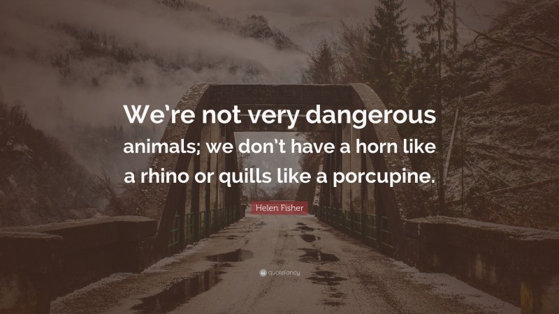Helen Fisher Quote: “We’re not very dangerous animals; we don’t have a horn like a rhino or quills like a porcupine.”