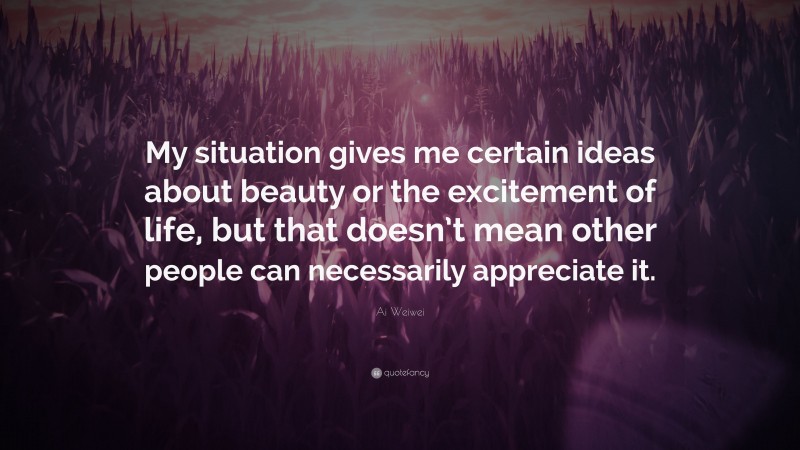 Ai Weiwei Quote: “My situation gives me certain ideas about beauty or the excitement of life, but that doesn’t mean other people can necessarily appreciate it.”