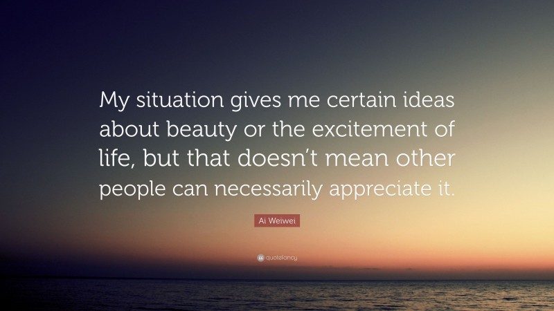 Ai Weiwei Quote: “My situation gives me certain ideas about beauty or the excitement of life, but that doesn’t mean other people can necessarily appreciate it.”