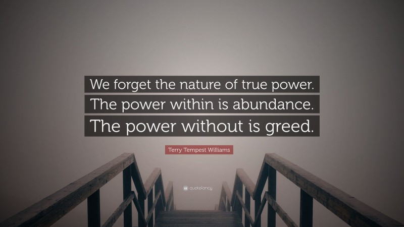 Terry Tempest Williams Quote: “We forget the nature of true power. The power within is abundance. The power without is greed.”