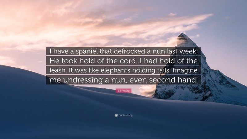E.B. White Quote: “I have a spaniel that defrocked a nun last week. He took hold of the cord. I had hold of the leash. It was like elephants holding tails. Imagine me undressing a nun, even second hand.”