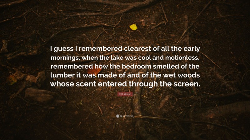 E.B. White Quote: “I guess I remembered clearest of all the early mornings, when the lake was cool and motionless, remembered how the bedroom smelled of the lumber it was made of and of the wet woods whose scent entered through the screen.”