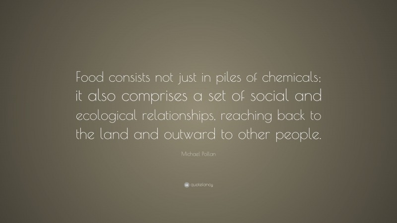 Michael Pollan Quote: “Food consists not just in piles of chemicals; it also comprises a set of social and ecological relationships, reaching back to the land and outward to other people.”