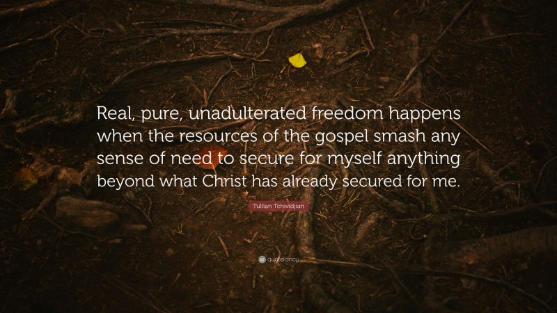 Tullian Tchividjian Quote: “Real, pure, unadulterated freedom happens when the resources of the gospel smash any sense of need to secure for myself anything beyond what Christ has already secured for me.”