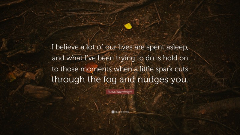 Rufus Wainwright Quote: “I believe a lot of our lives are spent asleep, and what I’ve been trying to do is hold on to those moments when a little spark cuts through the fog and nudges you.”