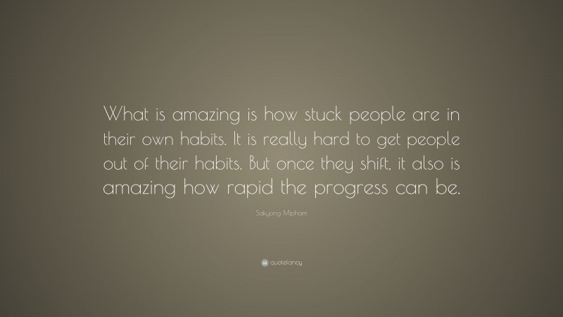 Sakyong Mipham Quote: “What is amazing is how stuck people are in their own habits. It is really hard to get people out of their habits. But once they shift, it also is amazing how rapid the progress can be.”