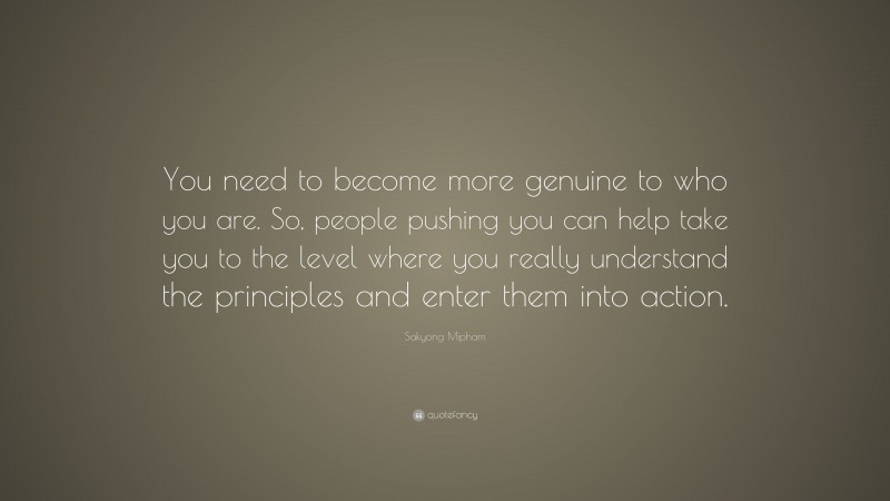 Sakyong Mipham Quote: “You need to become more genuine to who you are. So, people pushing you can help take you to the level where you really understand the principles and enter them into action.”