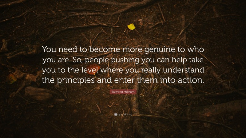 Sakyong Mipham Quote: “You need to become more genuine to who you are. So, people pushing you can help take you to the level where you really understand the principles and enter them into action.”