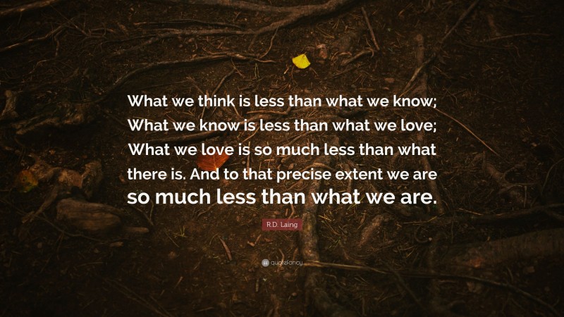 R.D. Laing Quote: “What we think is less than what we know; What we know is less than what we love; What we love is so much less than what there is. And to that precise extent we are so much less than what we are.”