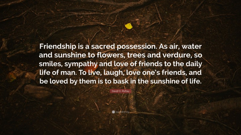 David O. McKay Quote: “Friendship is a sacred possession. As air, water and sunshine to flowers, trees and verdure, so smiles, sympathy and love of friends to the daily life of man. To live, laugh, love one’s friends, and be loved by them is to bask in the sunshine of life.”