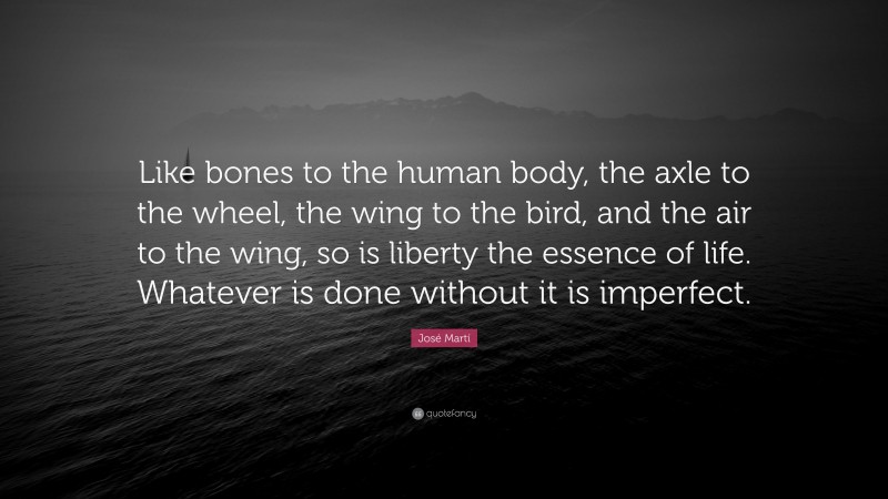 José Martí Quote: “Like bones to the human body, the axle to the wheel, the wing to the bird, and the air to the wing, so is liberty the essence of life. Whatever is done without it is imperfect.”