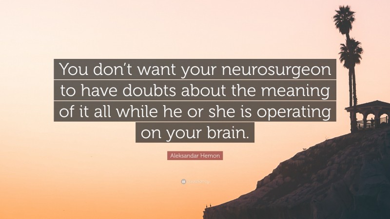 Aleksandar Hemon Quote: “You don’t want your neurosurgeon to have doubts about the meaning of it all while he or she is operating on your brain.”