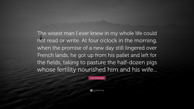 José Saramago Quote: “The wisest man I ever knew in my whole life could not read or write. At four o’clock in the morning, when the promise of a new day still lingered over French lands, he got up from his pallet and left for the fields, taking to pasture the half-dozen pigs whose fertility nourished him and his wife...”