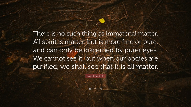 Joseph Smith Jr. Quote: “There is no such thing as immaterial matter. All spirit is matter, but is more fine or pure, and can only be discerned by purer eyes. We cannot see it, but when our bodies are purified, we shall see that it is all matter.”