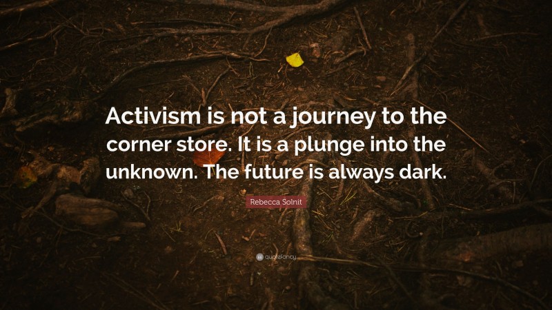 Rebecca Solnit Quote: “Activism is not a journey to the corner store. It is a plunge into the unknown. The future is always dark.”
