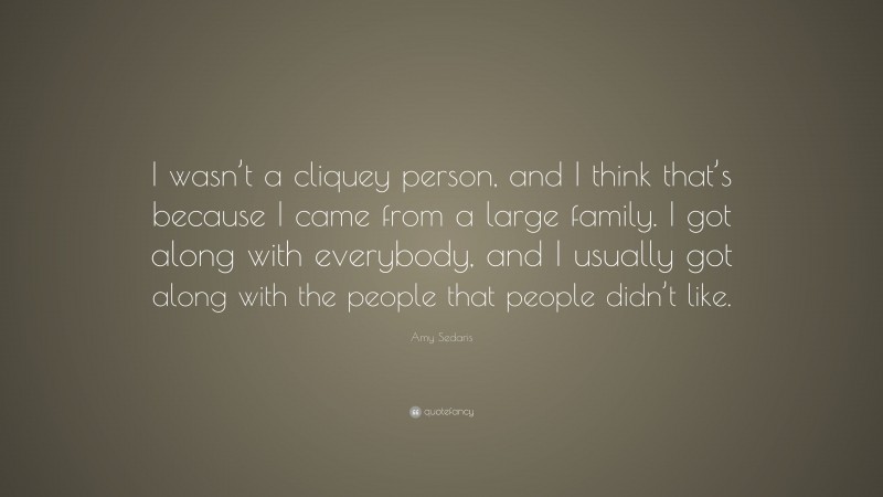 Amy Sedaris Quote: “I wasn’t a cliquey person, and I think that’s because I came from a large family. I got along with everybody, and I usually got along with the people that people didn’t like.”