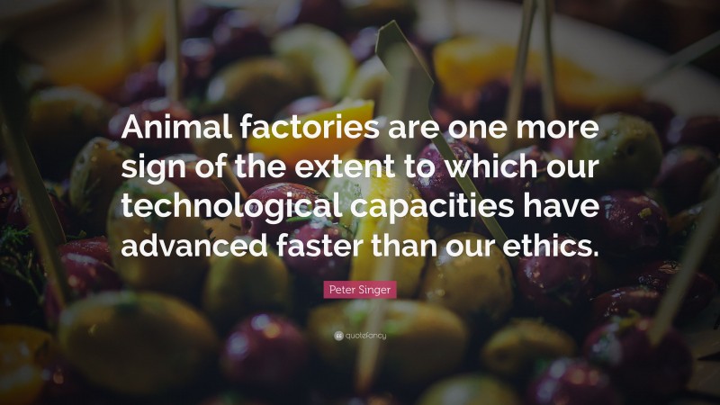 Peter Singer Quote: “Animal factories are one more sign of the extent to which our technological capacities have advanced faster than our ethics.”