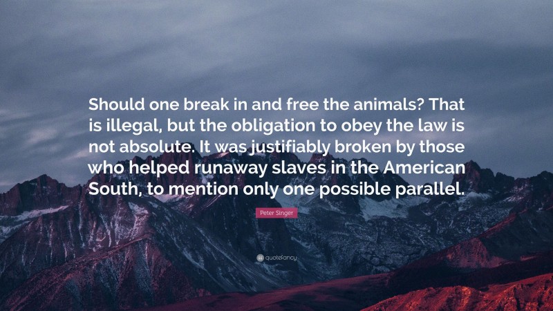 Peter Singer Quote: “Should one break in and free the animals? That is illegal, but the obligation to obey the law is not absolute. It was justifiably broken by those who helped runaway slaves in the American South, to mention only one possible parallel.”