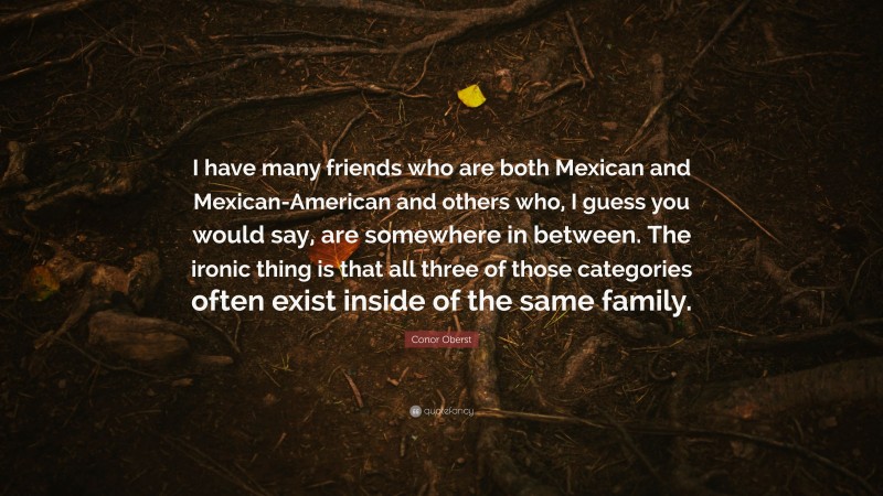 Conor Oberst Quote: “I have many friends who are both Mexican and Mexican-American and others who, I guess you would say, are somewhere in between. The ironic thing is that all three of those categories often exist inside of the same family.”