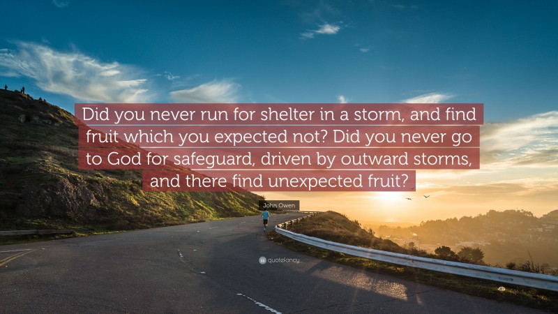 John Owen Quote: “Did you never run for shelter in a storm, and find fruit which you expected not? Did you never go to God for safeguard, driven by outward storms, and there find unexpected fruit?”