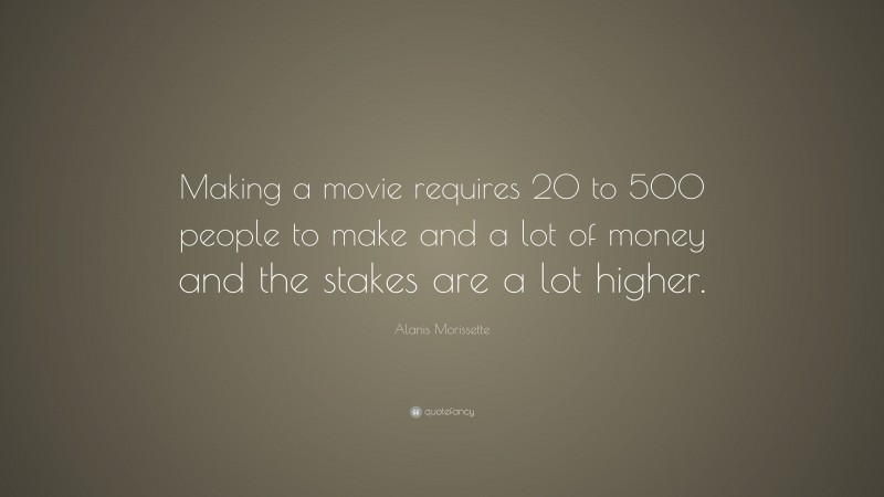 Alanis Morissette Quote: “Making a movie requires 20 to 500 people to make and a lot of money and the stakes are a lot higher.”