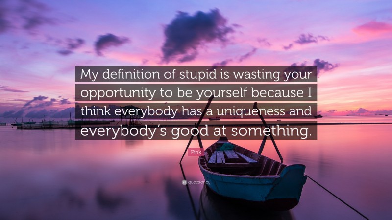 Pink Quote: “My definition of stupid is wasting your opportunity to be yourself because I think everybody has a uniqueness and everybody’s good at something.”