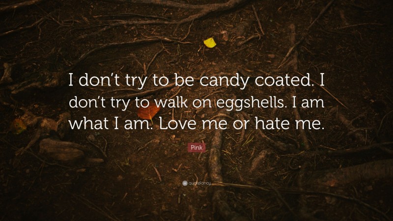 Pink Quote: “I don’t try to be candy coated. I don’t try to walk on eggshells. I am what I am. Love me or hate me.”