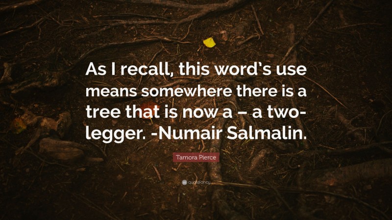 Tamora Pierce Quote: “As I recall, this word’s use means somewhere there is a tree that is now a – a two-legger. -Numair Salmalin.”