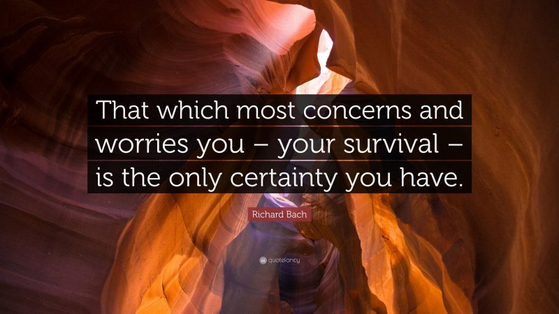 Richard Bach Quote: “That which most concerns and worries you – your survival – is the only certainty you have.”