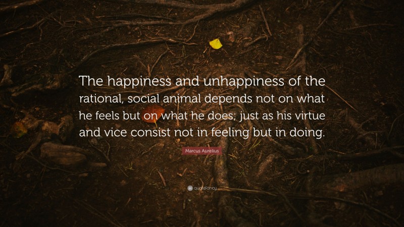 Marcus Aurelius Quote: “The happiness and unhappiness of the rational, social animal depends not on what he feels but on what he does; just as his virtue and vice consist not in feeling but in doing.”
